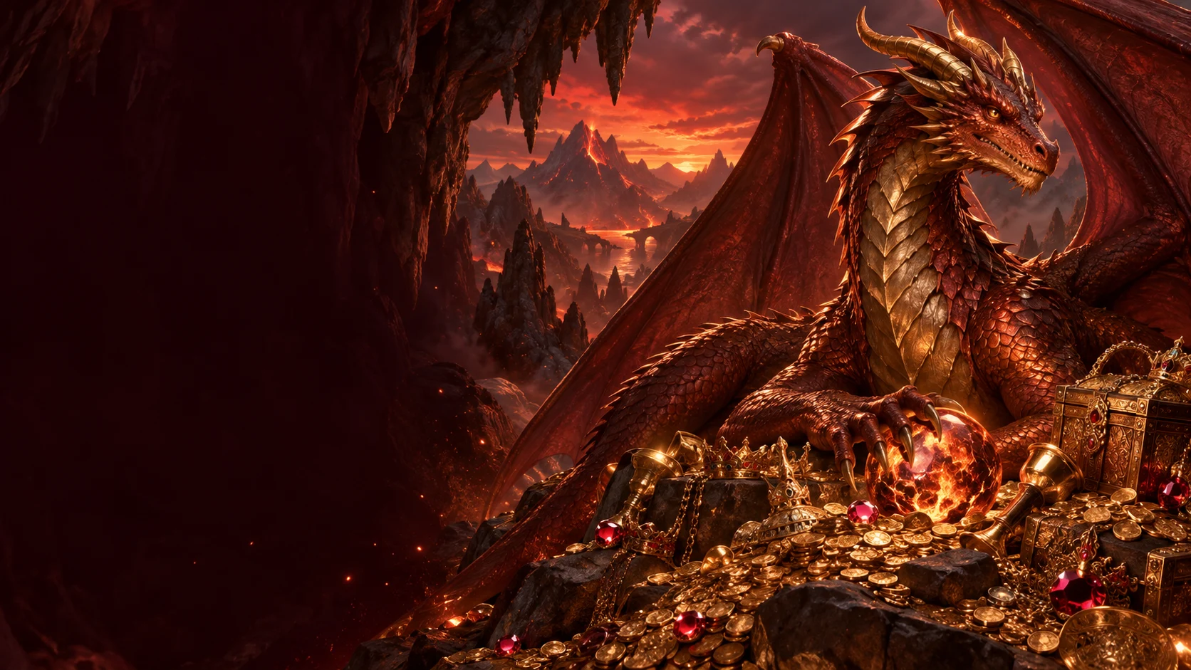 Roter Drache an einem goldenen Schatz in einer Vulkanhöhle